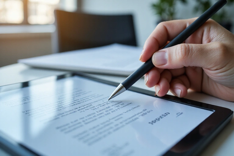 Person, die einen Vertrag auf einem Tablet unterschreibt